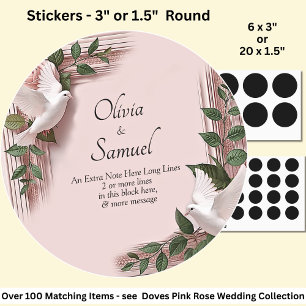 Note, Bride Groom Names Pink Roses & Doves Wedding Classic Round Sticker
