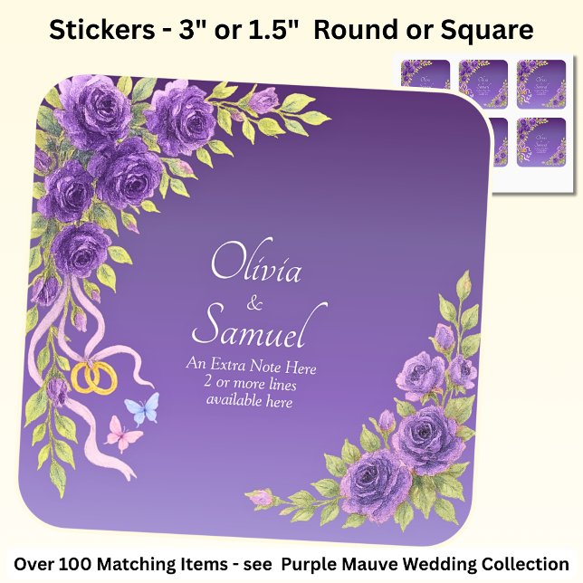 Note + Bride Groom Names Purple Mauve Flowers Square Sticker (Creator Uploaded)