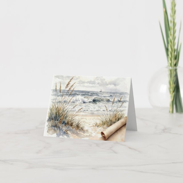 Note Card Ocean Beach with Curled Paper (Front)