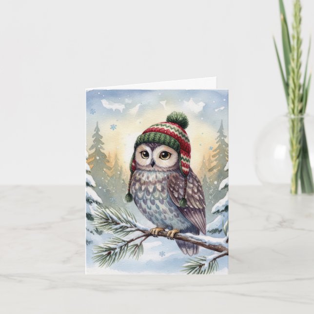 Note Card Watercolor Owl In Winter Hat (Front)