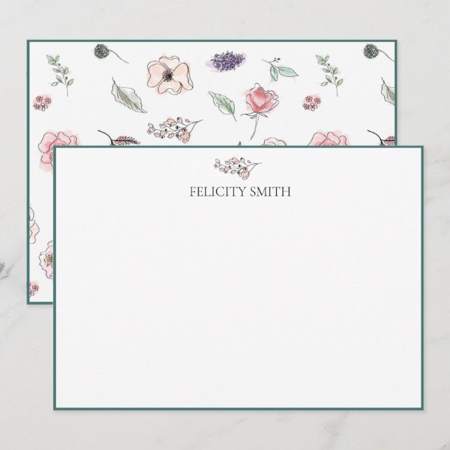 Note Cards Elegant Flat Modern Botanical Pink (Front/Back)