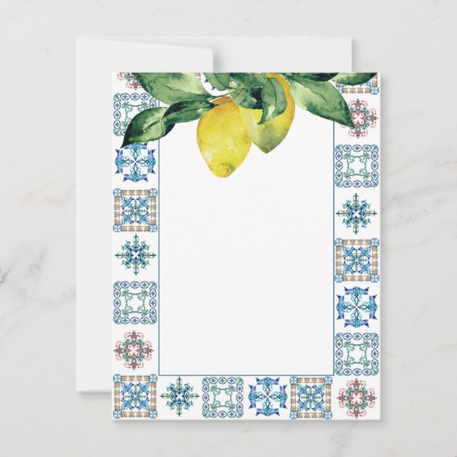 Note Cards Lemons with Blue Amalfi Tile Pattern (Front)