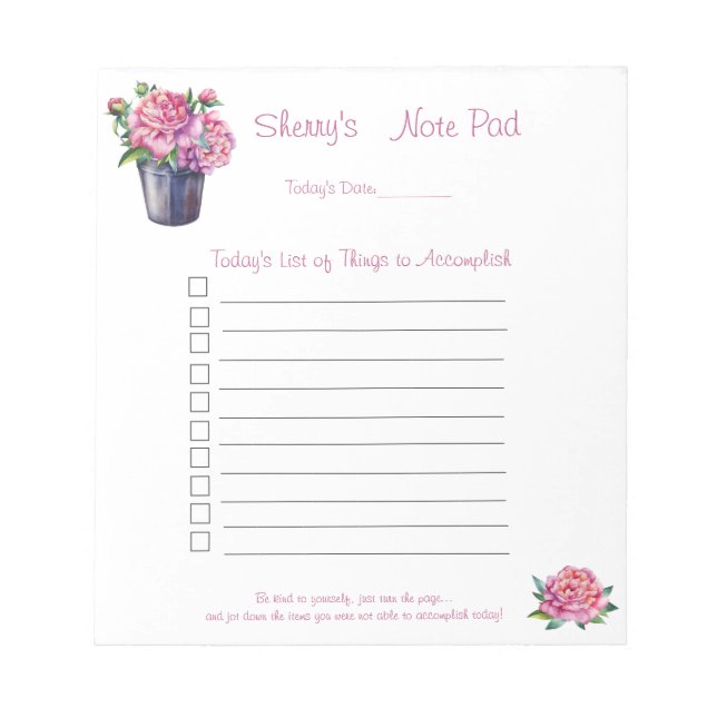 Note Pad 5.5x6; Peonies Things to Do List   (Front)