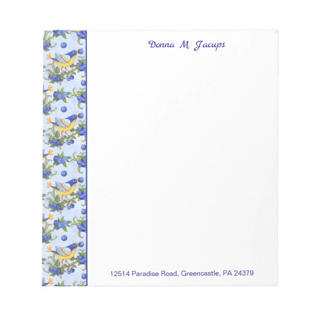 NOTE PAD  Birds Blueberries Blue Yel CUSTOM (Front)