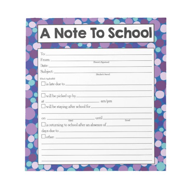 Note to Teacher Notepad, School Absence Excuse (Front)