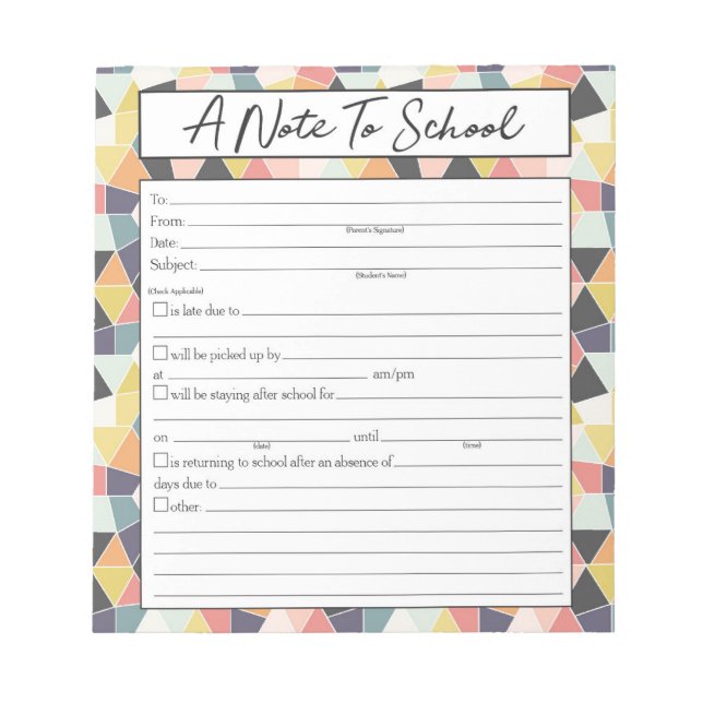 Note to Teacher Notepad, School Absence Excuse (Front)