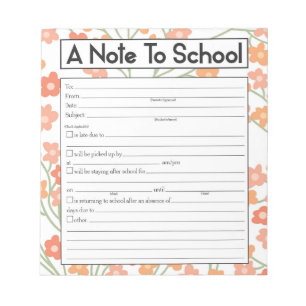 Note to Teacher Notepad, School Absence Excuse