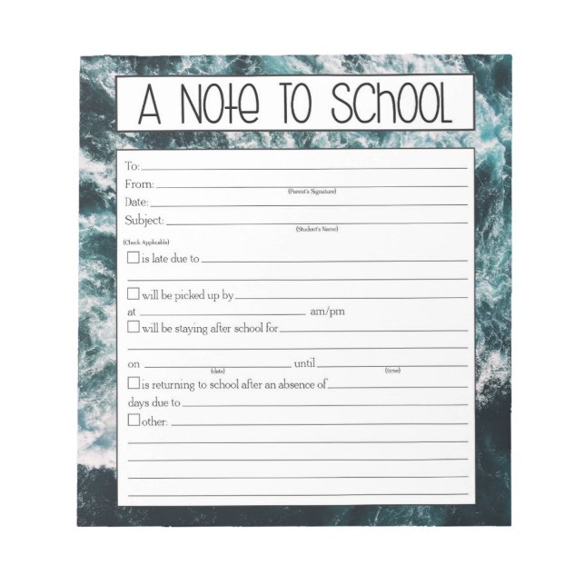 Note to Teacher Notepad, School Absence Excuse (Front)