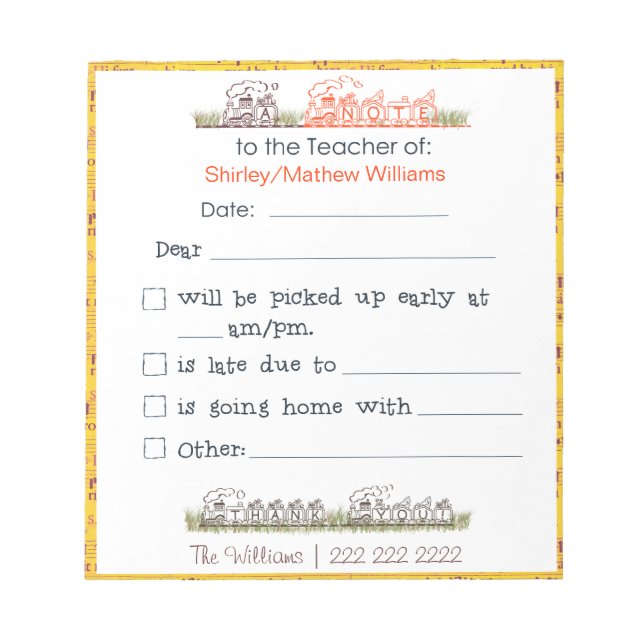 Note to the Teacher Notepad (Front)
