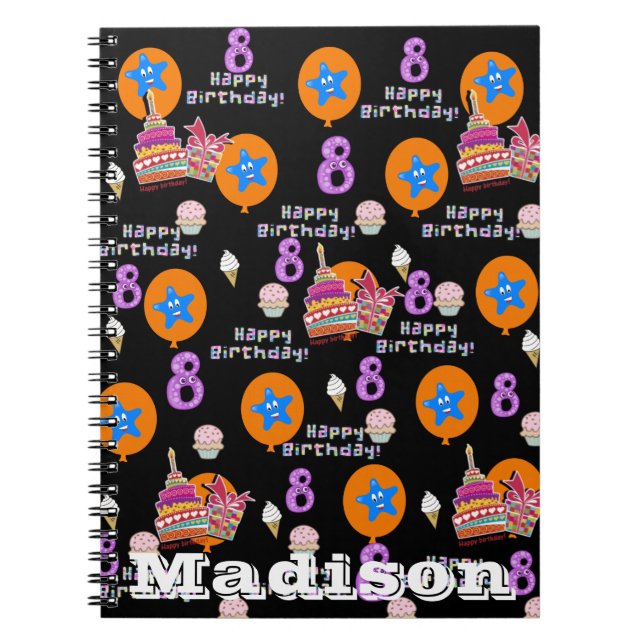 Notebook, #8 Happy 8th Birthday Notes Black Notebook (Front)