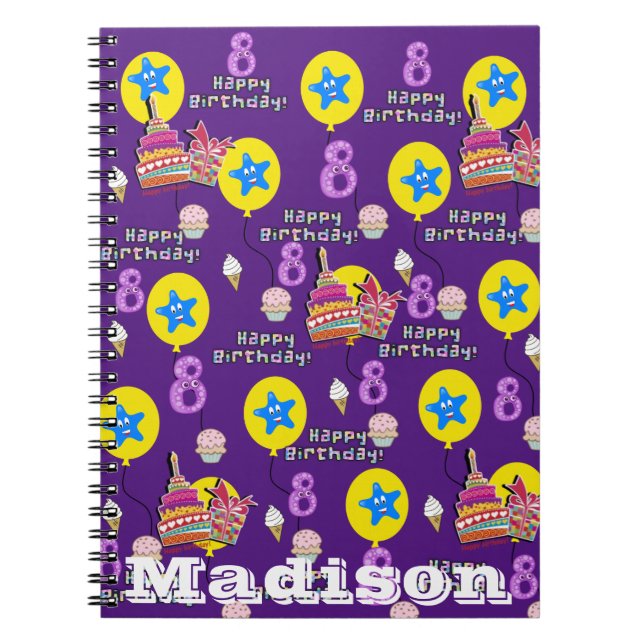 Notebook, #8 Happy 8th Birthday Notes Purple Notebook (Front)