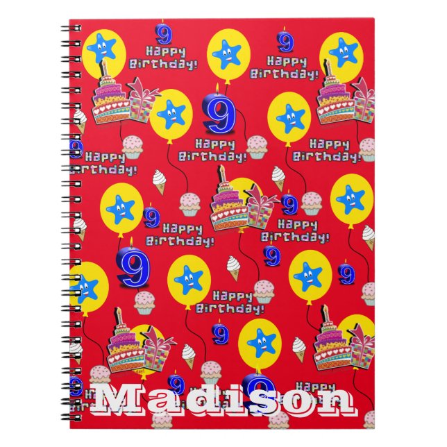 Notebook, #9 Happy 9th Birthday Notes Red Notebook (Front)