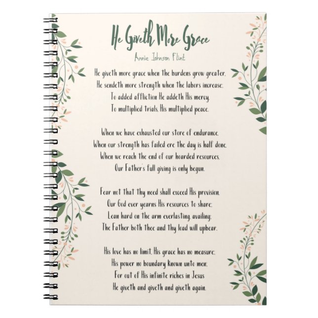 Notebook Annie Johnson Flint  He Giveth More Grace (Front)