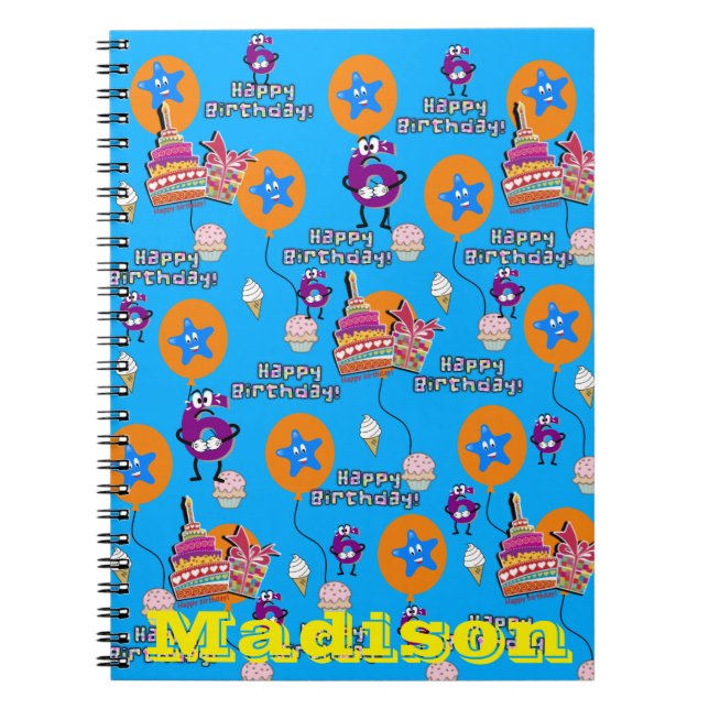Notebook,  Happy 6th Birthday Notes Blue Notebook (Front)