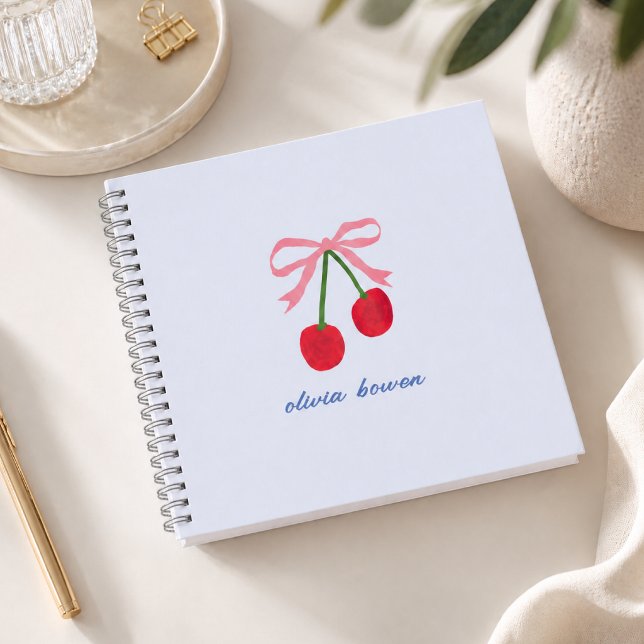 Notebook Journal | Cherry Coquette Bow Cute (A cute design notebook with coquette bow and cherries, perfect for journalling or gifting)