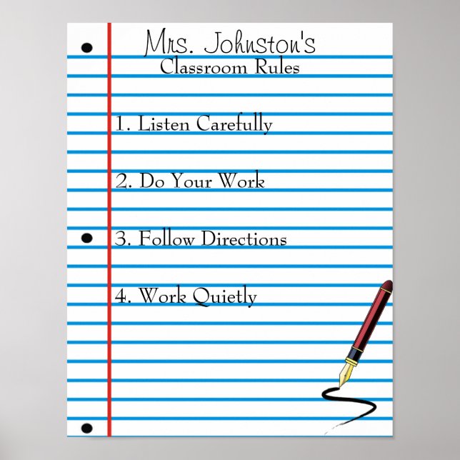 Notebook Paper School Classroom Rules Poster (Front)