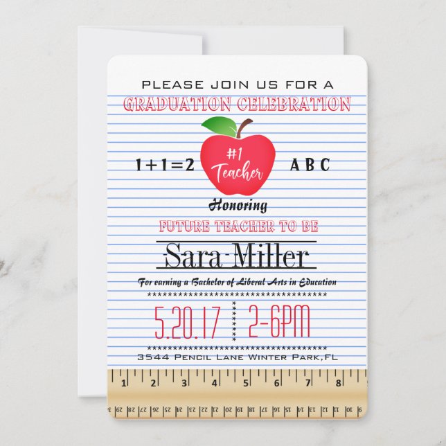 Notebook Paper Teacher Graduation Invitation (Front)