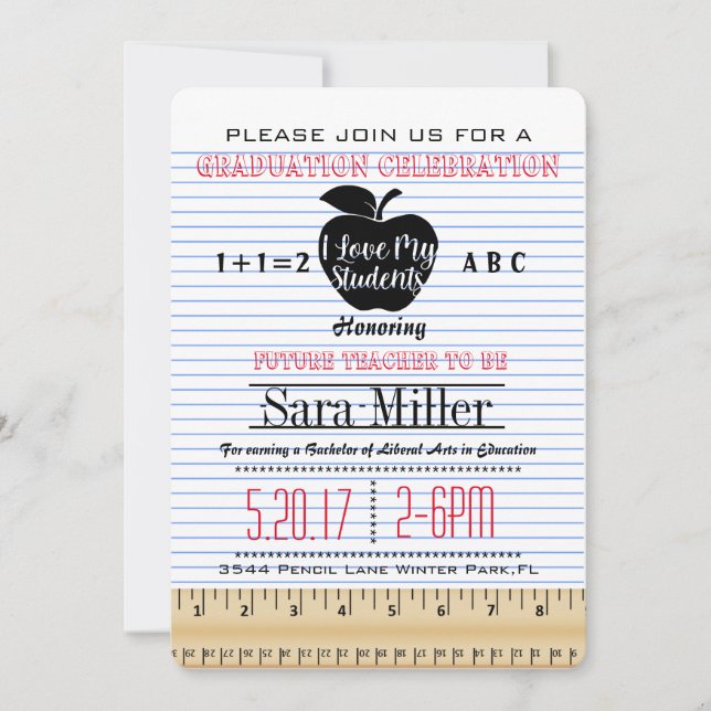 Notebook Paper Teacher Graduation Invitation (Front)
