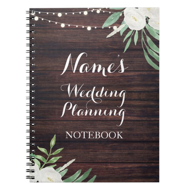 Notebook Rustic Wood Wedding Planning White Flower (Front)