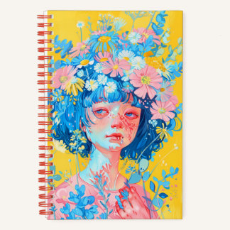 notebook with a girl with a wreath of blue flowers