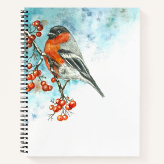 Notebook with Watercolor Eurasian Bullfinch