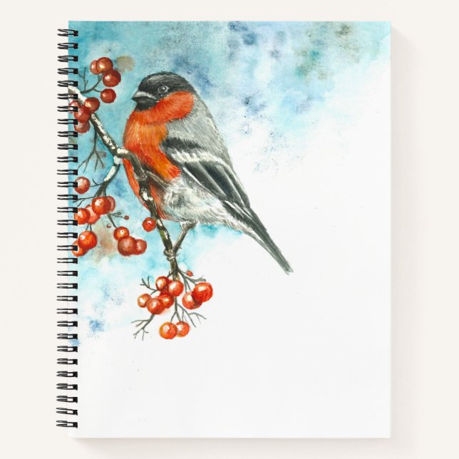 Notebook with Watercolor Eurasian Bullfinch (Front)