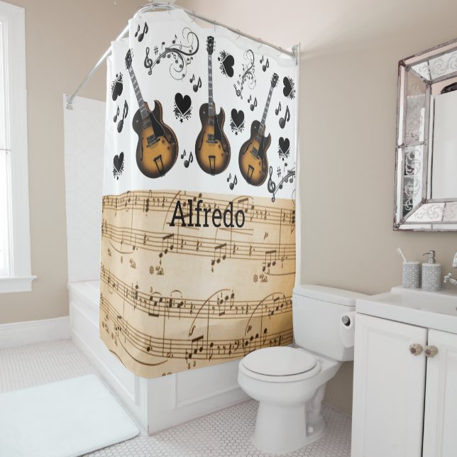 Notes de musique de rideau de douche Guitare Coeur (En situation)