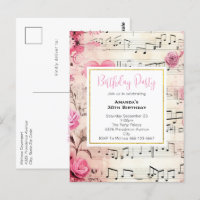 Notes musicales et Rose Vintage Invitation d'anniv