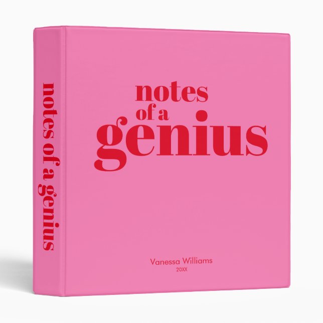 Notes of a Genius Funny Modern Bold Red - Hot Pink Binder (Front/Spine)