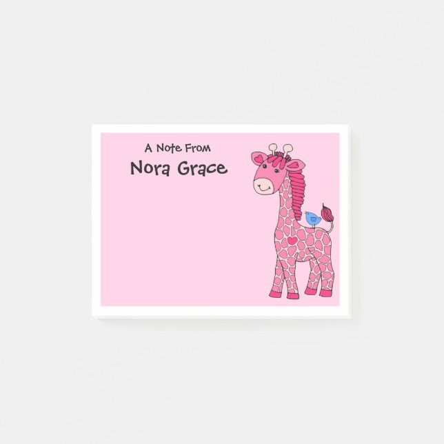 NOTES POST-IT 3"x4" NOM PERSONNALISÉ GIRAFFE ROSE (Devant)