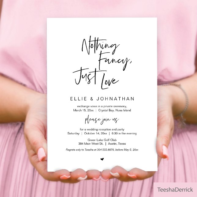 Nothing Fancy Just Love, Black, Wedding Elopement  Invitation (Nothing Fancy, Just Love Wedding Elopement Invitation Card in Modern Casual Minimalist themed)