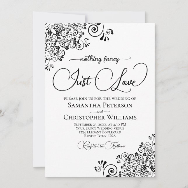 Nothing Fancy Just Love Black & White Wedding Invitation (Front)
