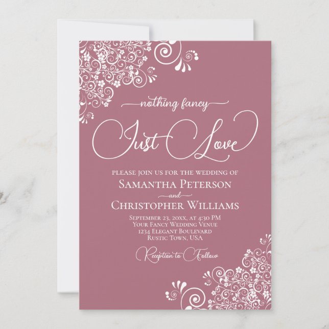 Nothing Fancy Just Love Dusty Rose Frilly Wedding Invitation (Front)