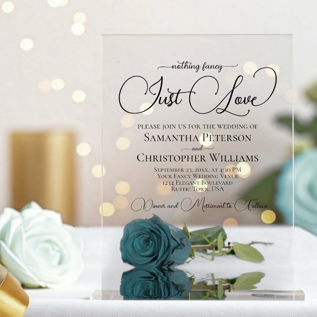 Nothing Fancy Just Love Elegant Teal Rose Wedding Acrylic Invitations (Creator Uploaded)