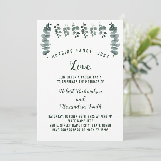 Nothing Fancy Just Love Elopement Eucalyptus Invitation (Standing Front)