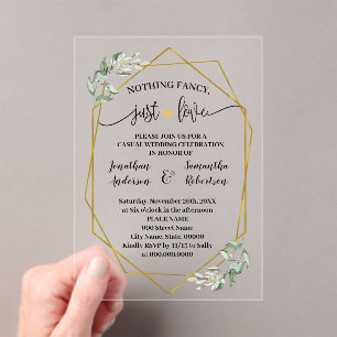 Nothing Fancy Just Love Elopement Greenery Gold Acrylic Invitations