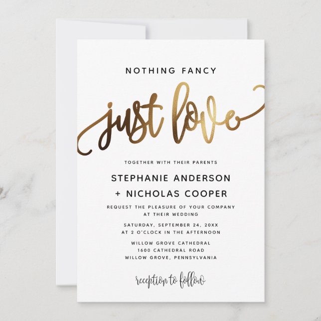 Nothing Fancy Just Love Gold Script Typography Invitation (Front)
