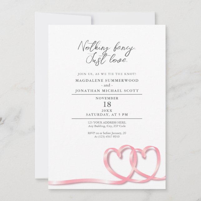 Nothing Fancy Just Love Hearts Ribbon Wedding Invitation (Front)