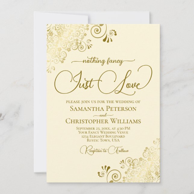 Nothing Fancy Just Love Lacy Gold & Cream Wedding Invitation (Front)