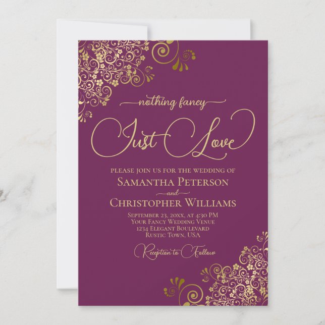 Nothing Fancy Just Love Magenta & Gold Wedding Invitation (Front)