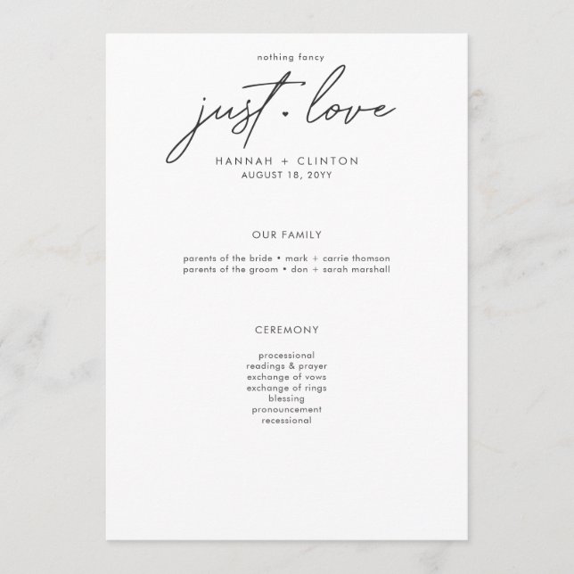 Nothing Fancy Just Love Minimalist Wedding Program (Front)