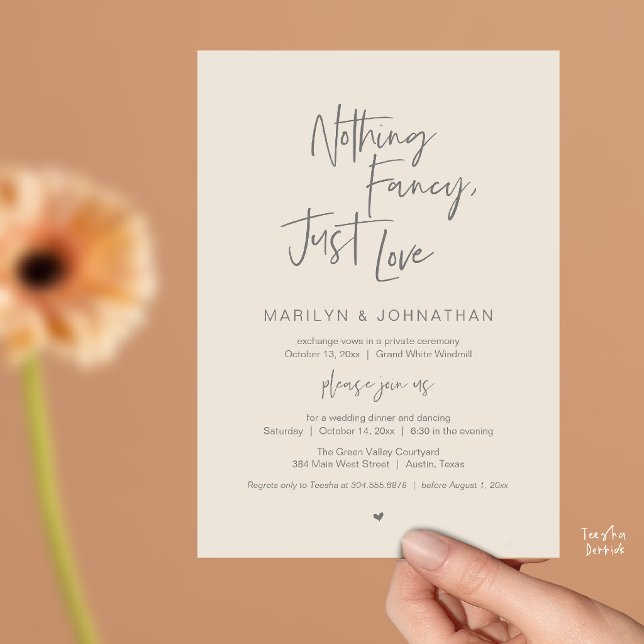 Nothing Fancy Just Love, Modern Reception Dinner  Invitation (Nothing Fancy Just Love, Modern Reception Dinner Invitation Card in Cream Grey)