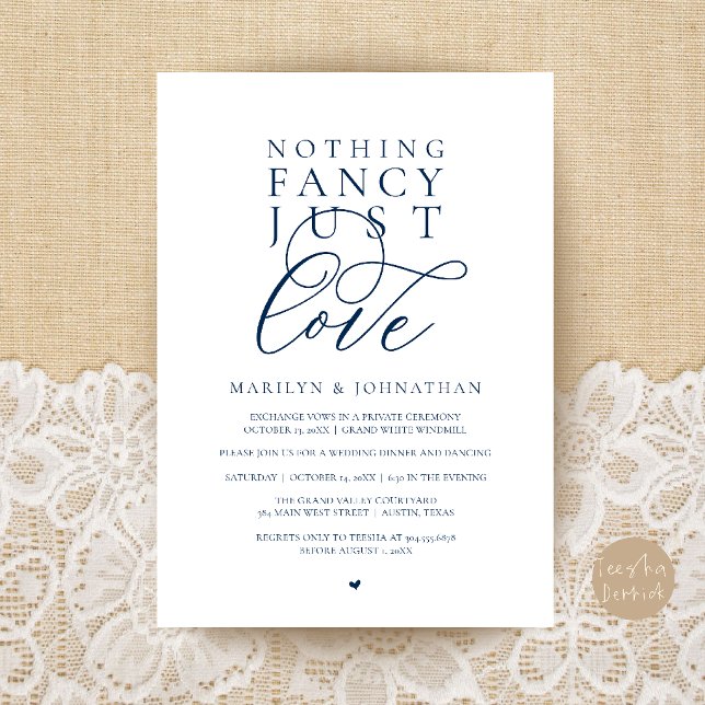 Nothing Fancy Just Love, Modern Reception Dinner  Invitation (Nothing Fancy Just Love, Modern Reception Dinner Invitation Card in Navy Blue)