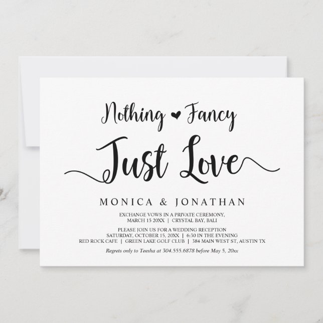 Nothing Fancy, Just Love, Modern Rustic Elopement Invitation (Front)