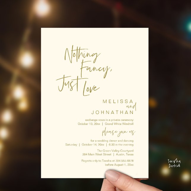 Nothing Fancy Just Love, Modern Wedding Dinner  Invitation (Nothing Fancy Just Love, Modern Wedding Dinner Invitation Card in Gold Cream Yellow)