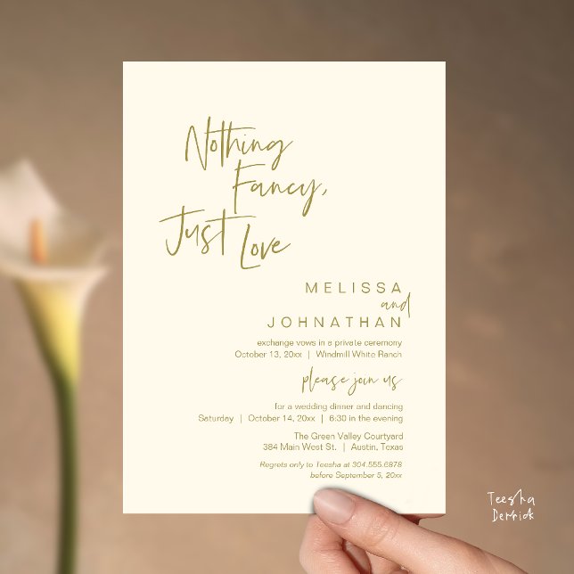 Nothing Fancy Just Love, Modern Wedding Dinner Invitation (Nothing Fancy Just Love, Modern Wedding Reception Dinner Lunch Brunch Invites Card in Yellow Gold)