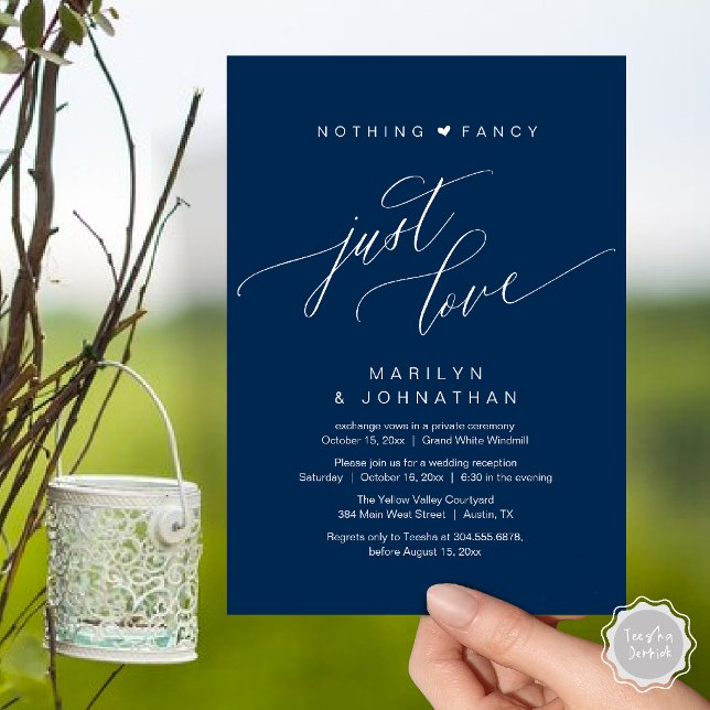 Nothing Fancy Just Love Modern Wedding Reception Invitation (Nothing Fancy Just Love Modern Wedding Reception Dinner Invitation Card in Navy Blue)