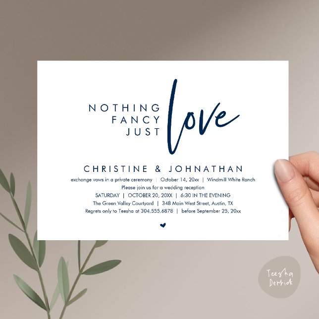 Nothing Fancy, Just Love, Modern Wedding Reception Invitation (Nothing Fancy, Just Love, Modern Wedding Reception Dinner Lunch Brunch Invitation Card in Navy Blue)