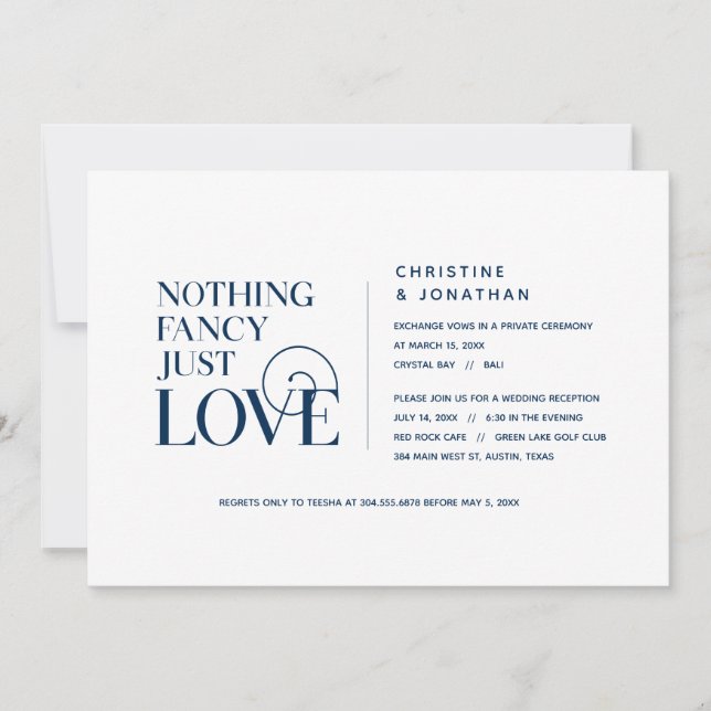 Nothing Fancy, Just Love,Navu Blue, Elopement Invitation (Front)