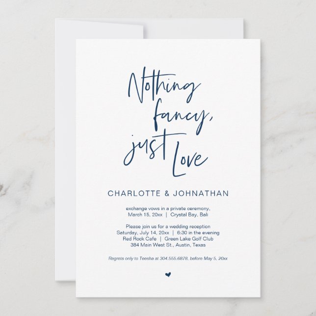 Nothing Fancy, Just Love, Navy Blue, Elopement Inv Invitation (Front)
